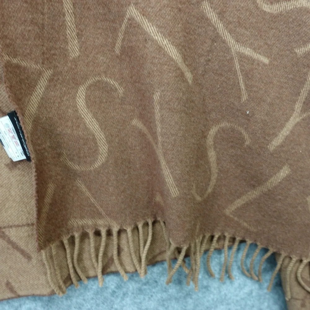 Vintage YVES SAINT LAURENT Wool Scarf Brown YSL Logo Shawl Wrap Fringe 70x140 cm - Picture 7 of 12